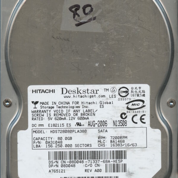 HITACHI HDS728080PLA380 0A31048 BA1468 08:06 80GB HDD