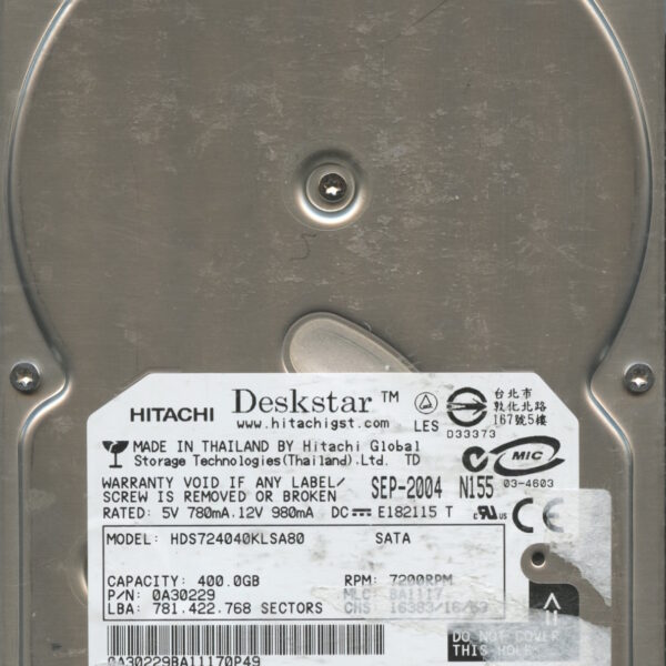 HITACHI HDS724040KLSA80 0A30229 BA1117 09:04 400GB HDD