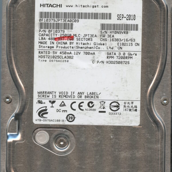 HITACHI HDS721025CLA382 0F10379 JPT3EA 09:10 250GB HDD