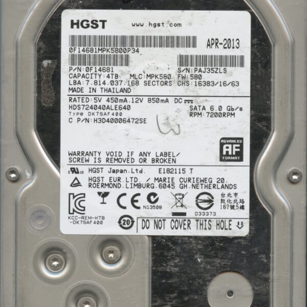 HGST HDS724040ALE640 0F14681 MPK580 04:13 4TB HDD