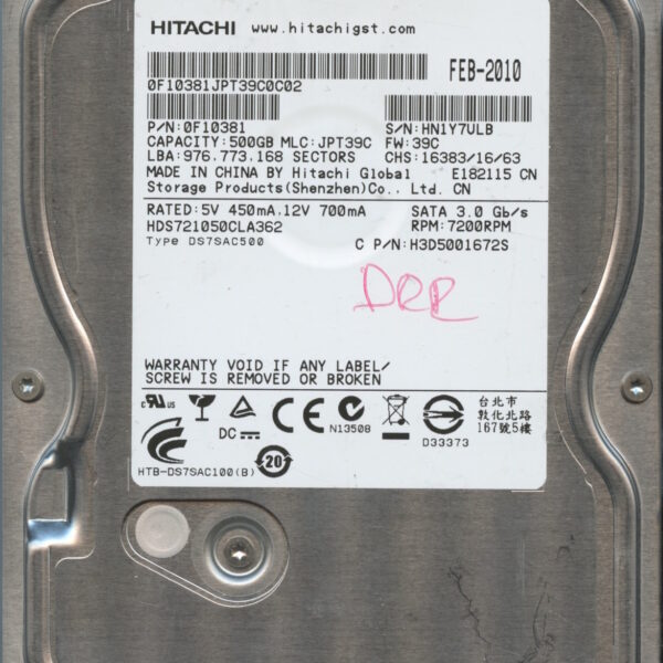 HITACHI HDS721050CLA362 0F10381 JPT39C 02:10 500GB HDD