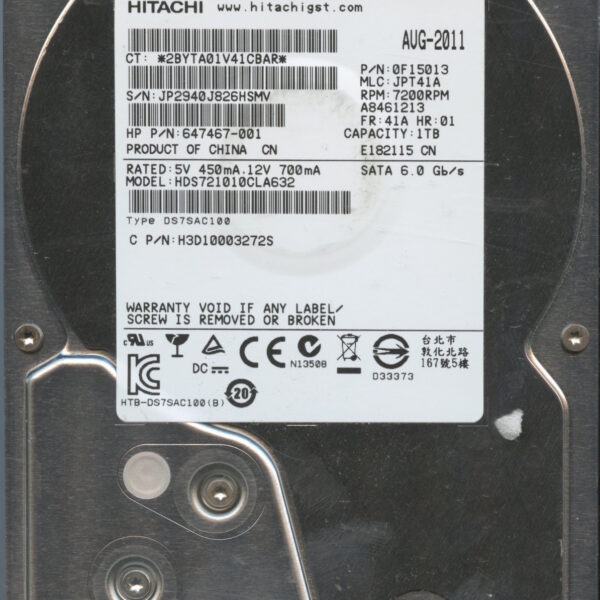 HITACHI HDS721010CLA632 0F15013 JPT41A 08:11 1TB HDD