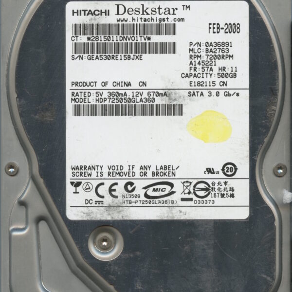 HITACHI HDP725050GLA360 0A36891 BA2763 02:08 500GB HDD