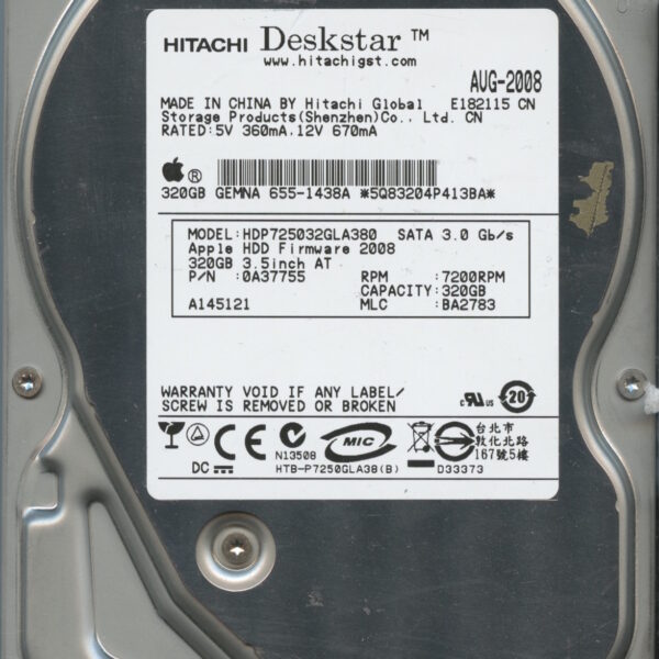 HITACHI HDP725032GLA380 0A37755 BA2783 08:08 320GB HDD