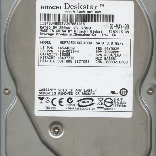 HITACHI HDP725016GLA380 45J4850 BA3081 05:09 160GB HDD