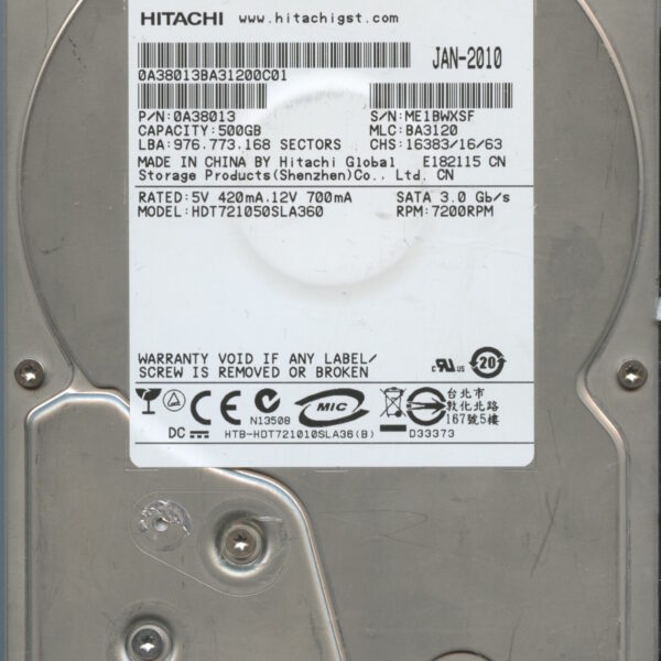 HITACHI HDT721050SLA360 0A38013 BA3120 01:10 500GB HDD