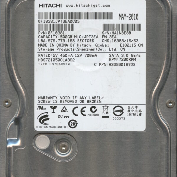 HITACHI HDS721050CLA362 0F10381 JPT3EA 05:10 500GB HDD