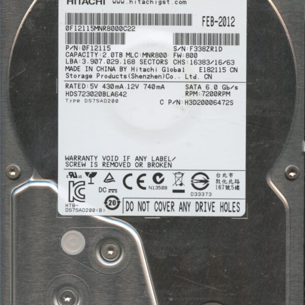 HITACHI HDS723020BLA642 0F12115 MNR800 02:12 2TB HDD