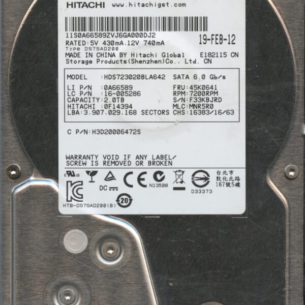 HITACHI HDS723020BLA642 0A66589 MNR5R0 02:12 2TB HDD