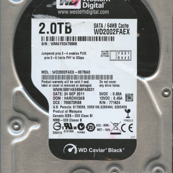 WESTERN DIGITAL WD2002FAEX-007BA0 WMAY0 09:11 2TB HDD