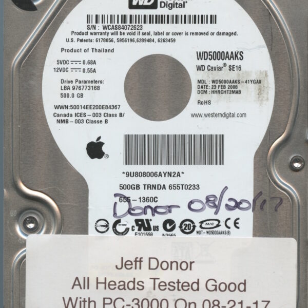 WESTERN DIGITAL WD5000AAKS-41YGA0 WCAS8 02:08 500GB HDD