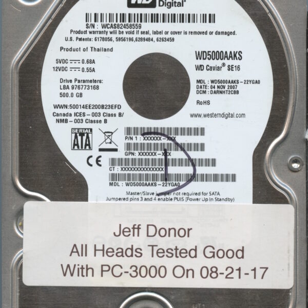 WESTERN DIGITAL WD5000AAKS-22YGA0 WCAS8 11:07 500GB HDD