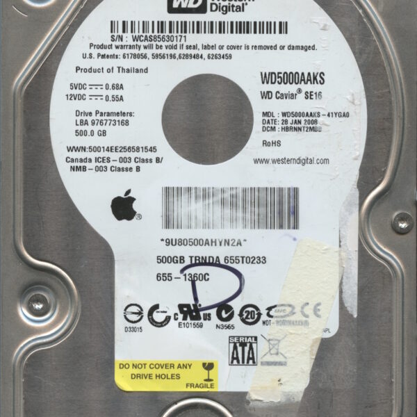 WESTERN DIGITAL WD5000AAKS-41YGA0 01:08 500GB HDD