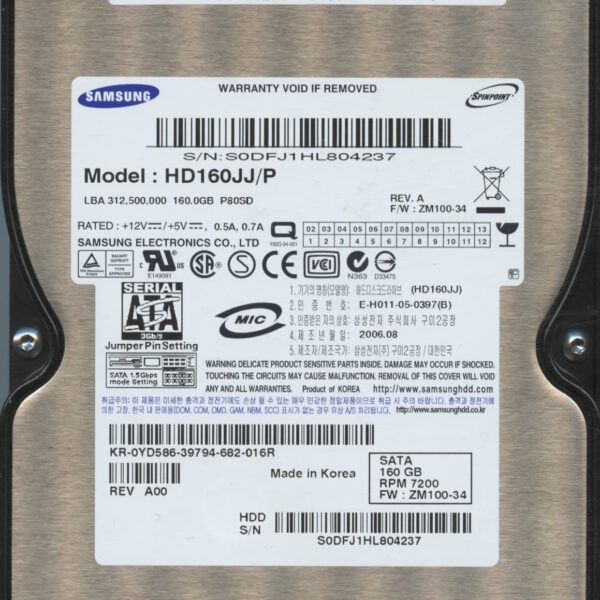 SAMSUNG HD160JJ:P 137312FL740489 ZM100-34 160GB HDD