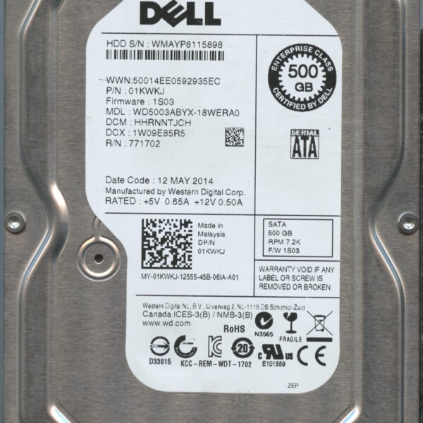 DELL WD500ABYX-18WERA0 HHRNNTJCH WMAYP 500GB HDD