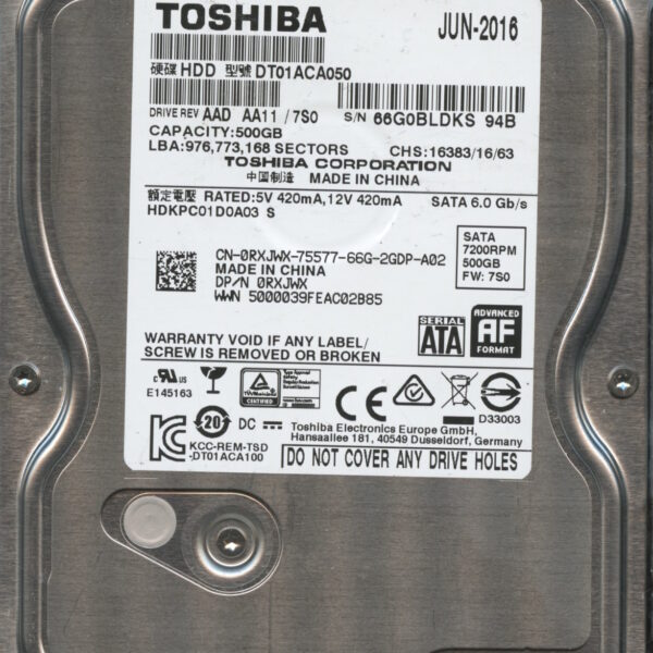 TOSHIBA HDD DT01ACA050 AAD AA11:7S0 500GB 06:16 HDD