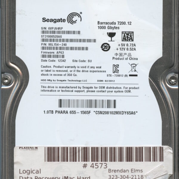 SEAGATE ST31000528AS AP63 9SL154-240 1TB HDD