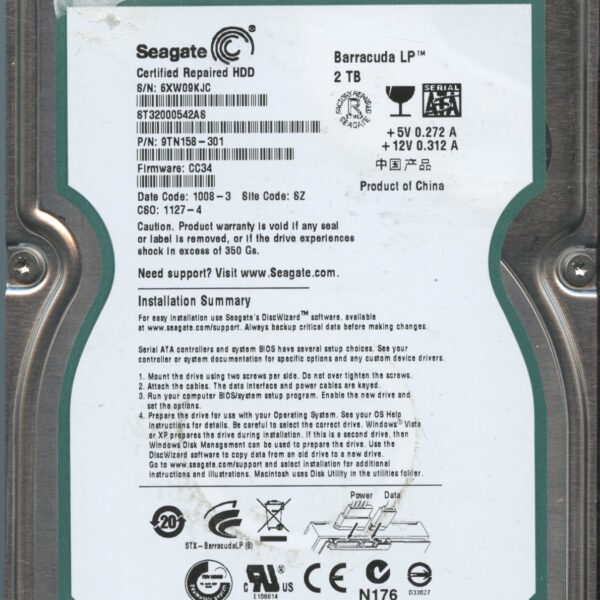 SEAGATE ST32000542AS CC34 9TN158-301 2TB HDD