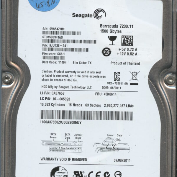 SEAGATE ST31500341AS CC6H 9JU138-541 1.5TB HDD