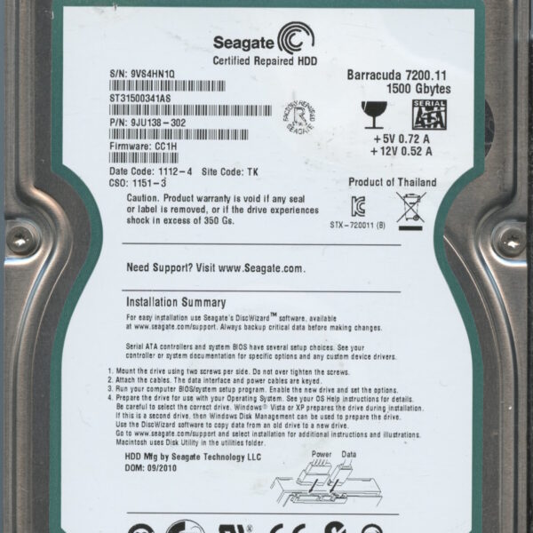 SEAGATE ST31500341AS CC1H 9JU138-302 1.5TB HDD