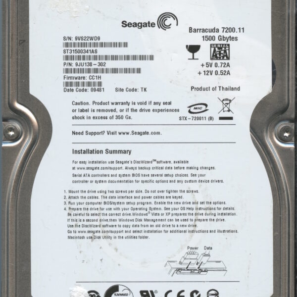 SEAGATE ST31500341AS CC1H 9JU138-302 1.5TB HDD