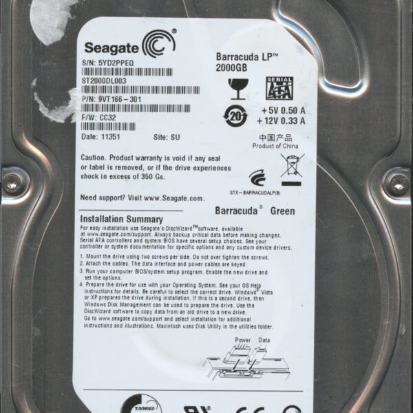 SEAGATE ST2000DL003 CC32 9VT166-301 2TB HDD