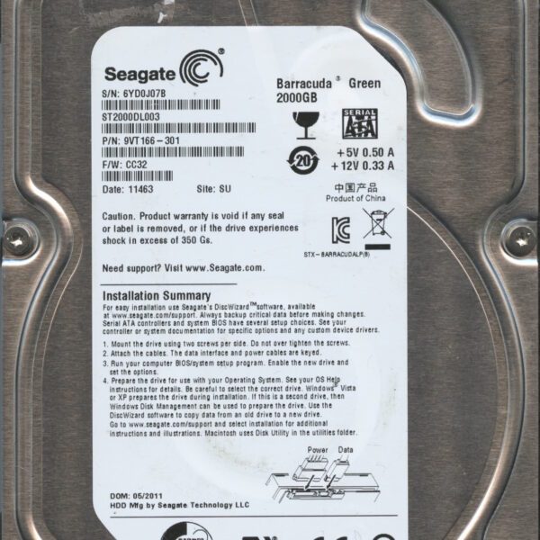 SEAGATE ST2000DL003 CC32 9VT166-301 2TB HDD