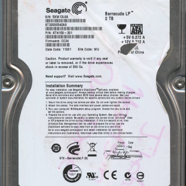 SEAGATE ST32000542A CC34 9TN158-301 2TB HDD