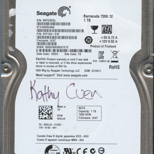 SEAGATE ST31000524AS JC47 9YP154-519 1TB HDD