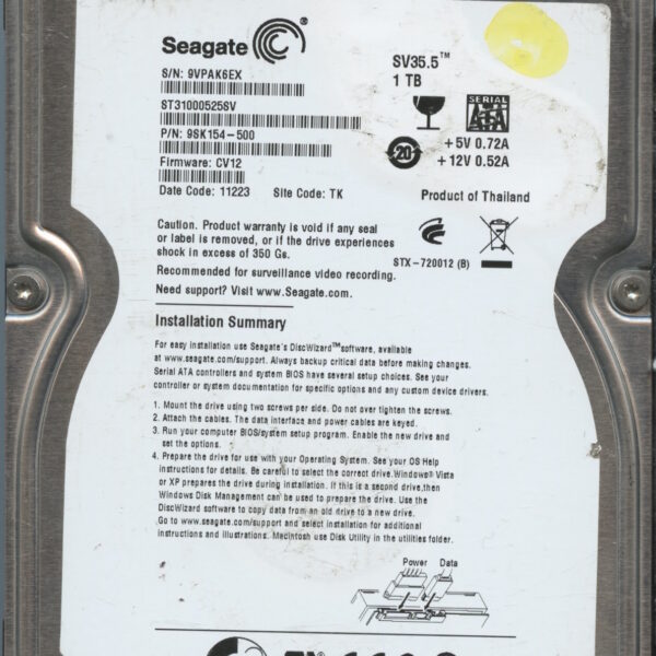 SEAGATE ST31000525SV CV12 9SK154-500 1TB HDD