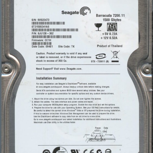 SEAGATE ST31500341AS CC1H 9JU138-302 1.5TB HDD