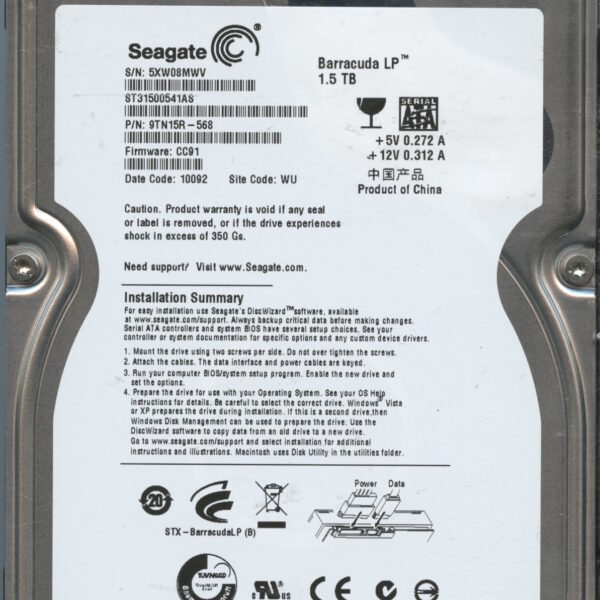 SEAGATE ST31500541AS CC91 9TN15R-568 1.5TB HDD