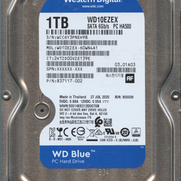 WESTERN DIGITAL WD10EZEX-60WN4A1 WCC6Y 07:27:2020 1TB HDD