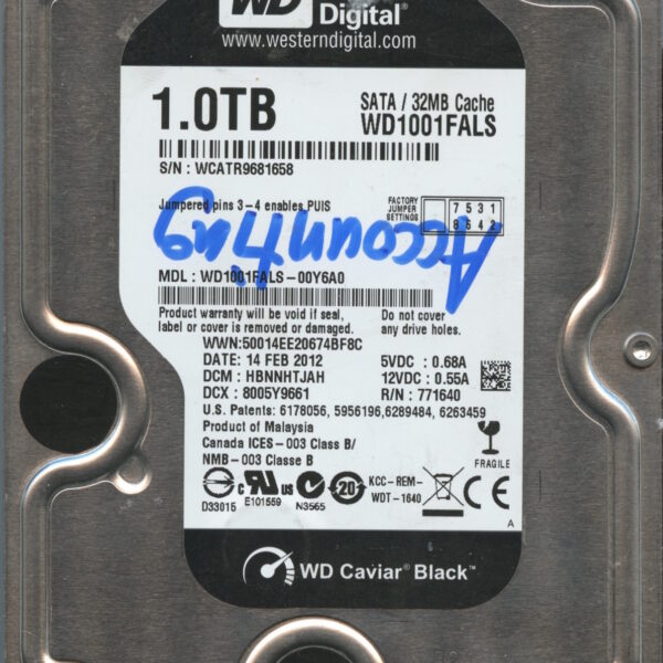 WESTERN DIGITAL WD1001FALS-00Y6A0 WCATR 02:14:2012 1TB HDD