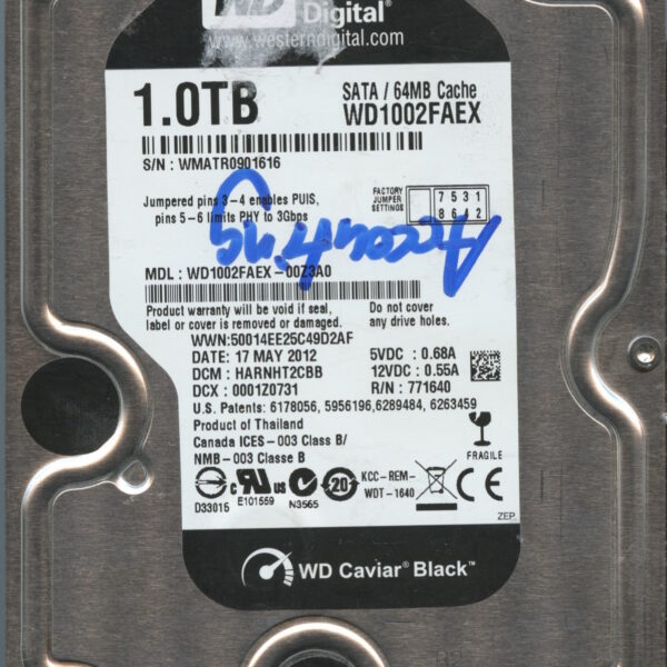 WESTERN DIGITAL WD1002FAEX-00Z3A0 WMATR 05:17:2012 1TB HDD