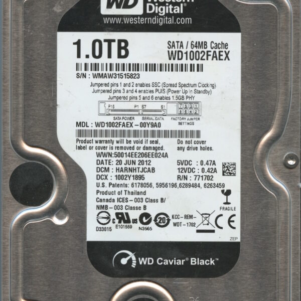 WESTERN DIGITAL WD1002FAEX-00Y9A0 WMAW3 06:20:2012 1TB HDD