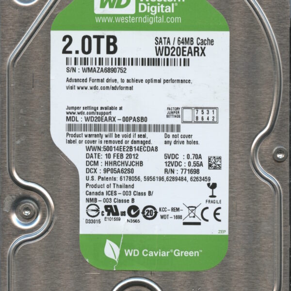 WESTERN DIGITAL WD20EARX-00PASB0 WMAZA 02:10:2012 2TB HDD