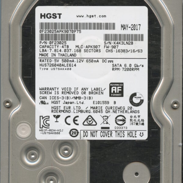 HGST HUS726040ALE614 0F23025 APK907 05:17 4TB HDD