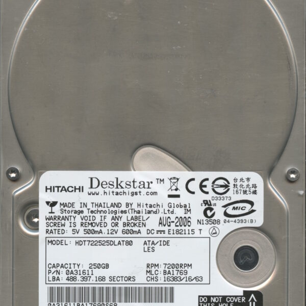 HITACHI HDT722525DLAT800A31611 BA1769 08:06 250GB HDD