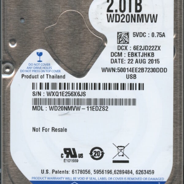 WESTERN DIGITAL WD20NMVW-11EDZS2 WXQ1E 08:22:2015 2TB HDD