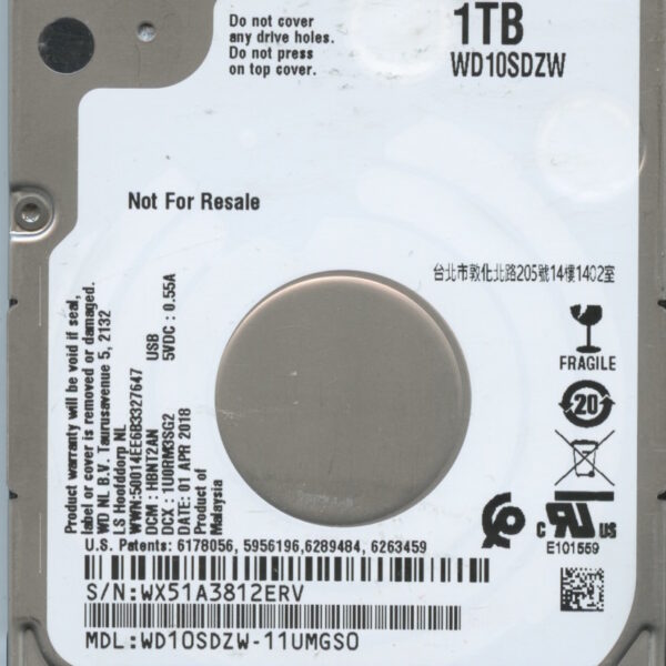 WESTERN DIGITAL WD10SDZW-11UMGS0 WX51A 04:01:2018 1TB HDD