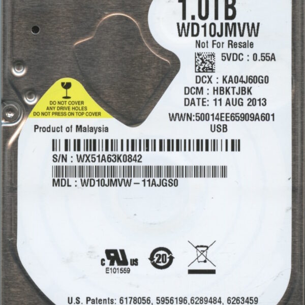 WESTERN DIGITAL WD10JMVW-11AJGS0 WX51A 08:11:2013 1TB HDD