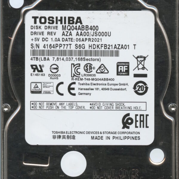 TOSHIBA MQ04ABB:400 AZA AA00:JS000U HDKFB21AZA01 4TB HDD