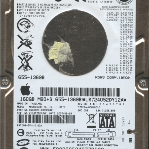 FUJITSU MHW2160BH MAC CA06820-B39900AP 06:19:2007 160GB HDD