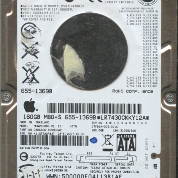 FUJITSU MHW2160BH MAC CA06820-B39900AP 10:30:2007 160GB HDD