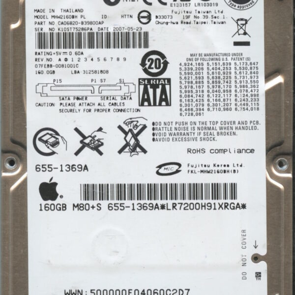 FUJITSU MHW2160BH MAC CA06820-B39800AP 05:23:2007 160GB HDD