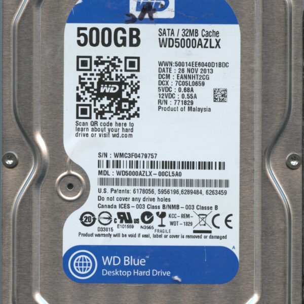 WESTERN DIGITAL WD5000AZLX-00CL5A0 WMC3F 11:26:2013 500GB HDD