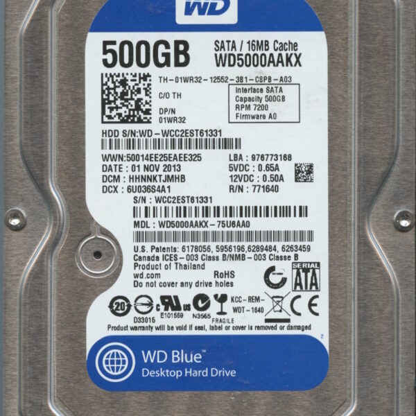 WESTERN DIGITAL WD5000AAKX-75U6AA0 WCC2E 11:01:2013 500GB HDD