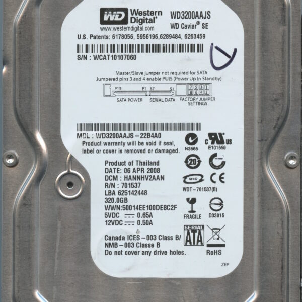 WESTERN DIGITAL WD3200AAJS-22B4A0 WCAT1 04:06:2008 320GB HDD