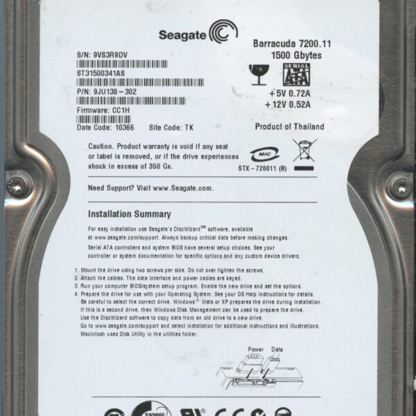 SEAGATE ST31500341AS 9JU138-302 CC1H 1.5TB